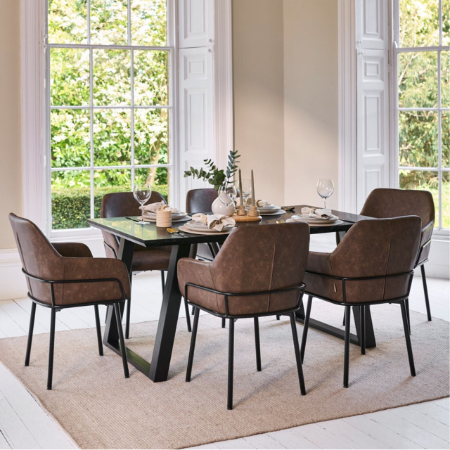 Atlas 160cm Black Marble Veneer Dining Table Set - 6 Seater - Reagan Faux Leather Dining Armchairs - Saddle Brown - image 1