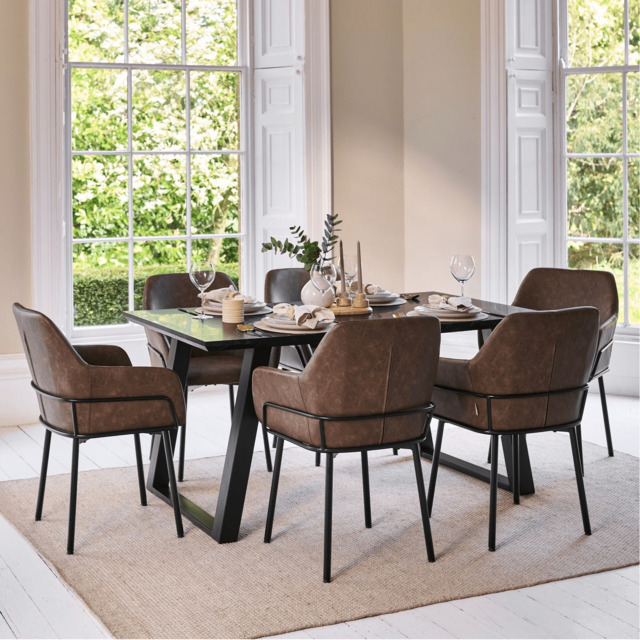 Atlas 160cm Black Marble Veneer Dining Table Set - 6 Seater - Reagan Faux Leather Dining Armchairs - Saddle Brown - image 1
