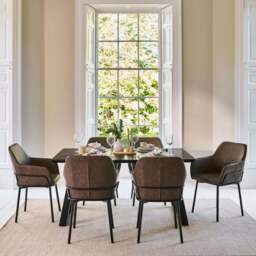 Atlas 160cm Black Marble Veneer Dining Table Set - 6 Seater - Reagan Faux Leather Dining Armchairs - Saddle Brown - thumbnail 4