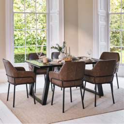 Atlas 160cm Black Marble Veneer Dining Table Set - 6 Seater - Reagan Faux Leather Dining Armchairs - Saddle Brown - thumbnail 1