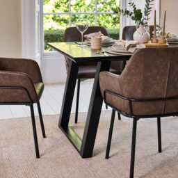 Atlas 160cm Black Marble Veneer Dining Table Set - 6 Seater - Reagan Faux Leather Dining Armchairs - Saddle Brown - thumbnail 5