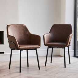 Atlas 160cm Black Marble Veneer Dining Table Set - 6 Seater - Reagan Faux Leather Dining Armchairs - Saddle Brown - thumbnail 3