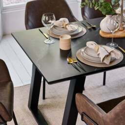 Atlas 160cm Black Marble Veneer Dining Table Set - 6 Seater - Reagan Faux Leather Dining Armchairs - Saddle Brown - thumbnail 6