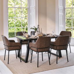 Atlas 160cm Black Marble Veneer Dining Table Set - 6 Seater - Reagan Faux Leather Dining Armchairs - Saddle Brown