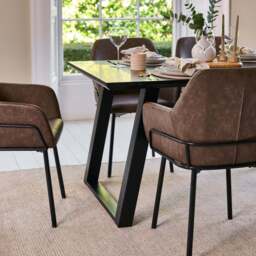 Atlas 160cm Black Marble Veneer Dining Table Set - 6 Seater - Reagan Faux Leather Dining Armchairs - Saddle Brown - thumbnail 5