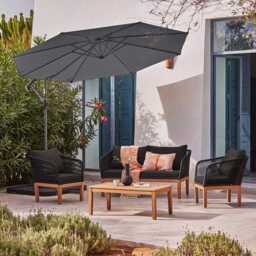 Eaden Rope Garden Conversation Set with Grey Lean Over Parasol - Black - thumbnail 1