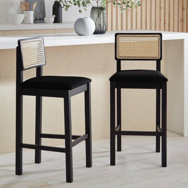 Charlie Black Cane Bar Stool - Wooden Footrest - image 1