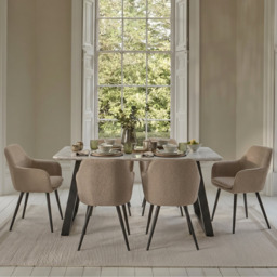 Atlas 160cm White Marble Veneer Dining Table Set - 6 Seater - Dolly Cream Boucle Armchairs with Black Legs - thumbnail 1