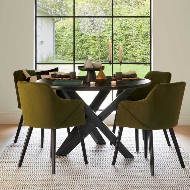 Levi Black Round Dining Table Set - 4 Seater - Freya Fern Green Armchairs with Black Legs - image 1