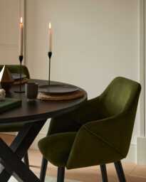 Levi Black Round Dining Table Set - 4 Seater - Freya Fern Green Armchairs with Black Legs - thumbnail 6