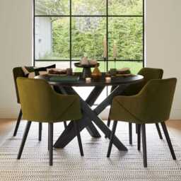 Levi Black Round Dining Table Set - 4 Seater - Freya Fern Green Armchairs with Black Legs