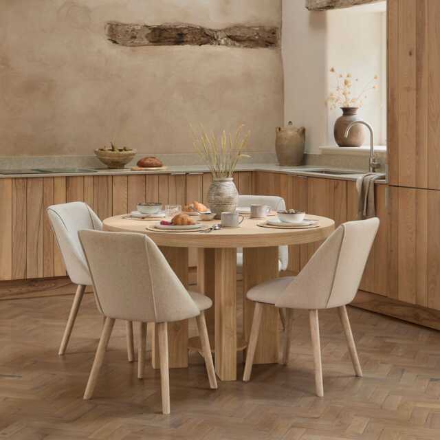 Marlon Whitewash Oak Round Dining Table Set - 4 Seater - Freya Sand Dining Chairs - Whitewash Oak Legs - image 1