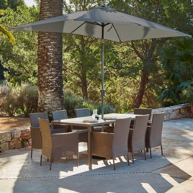 Marston 8 Seater Rattan Garden Dining Set with Grey LED Premium Parasol - Natural Brown - Glass Top - image 1