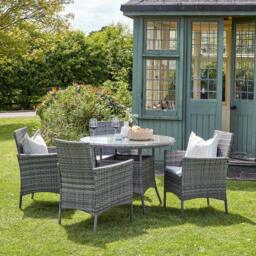 Kemble 4 Seater Rattan Round Garden Dining Table & Chair Set - Grey - thumbnail 3