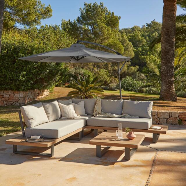 Shiva Garden Corner Sofa Set with Grey Lean Over Parasol - Stone - image 1