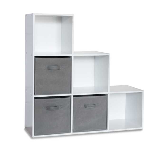 Cara 6 Cube Bookcase Ladder Storage Unit - Chalk White with Grey Boxes - image 1