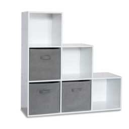 Cara 6 Cube Bookcase Ladder Storage Unit - Chalk White with Grey Boxes - thumbnail 1