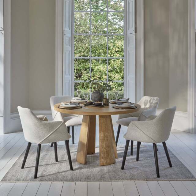 Farren 120cm Whitewash Oak Round Dining Table Set - 4 Seater - Freya Oat Boucle Armchairs with Black Legs - image 1