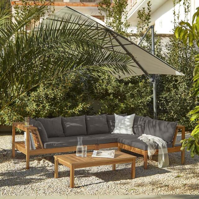 Dakota Wooden Garden Corner Sofa Set with Cream Parasol - Grey Cushions - image 1