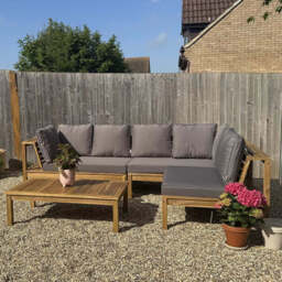 Dakota Wooden Garden Corner Sofa Set with Cream Parasol - Grey Cushions - thumbnail 2