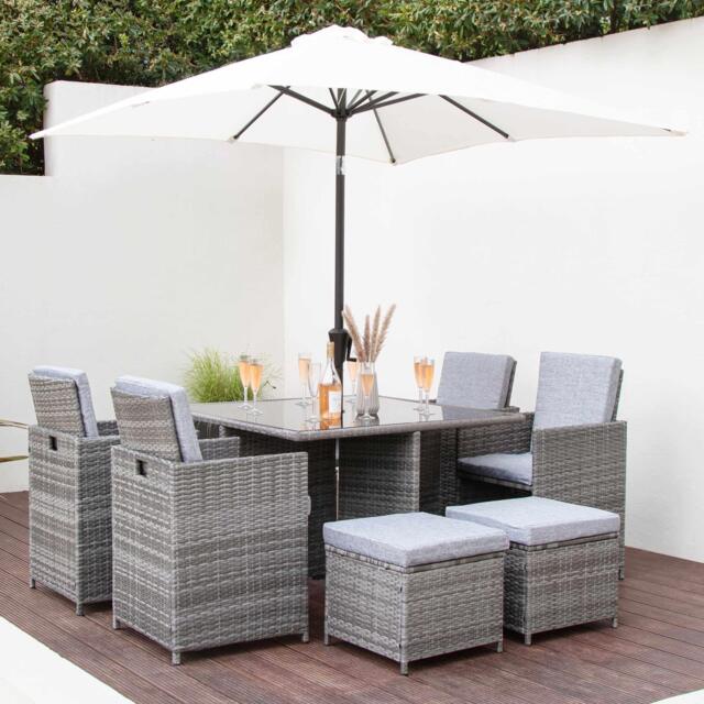Cube 8 Seater Rattan Outdoor Dining Set with LED Premium Parasol - Grey Weave with Grey Cushion - image 1