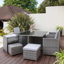 Cube 8 Seater Rattan Outdoor Dining Set with LED Premium Parasol - Grey Weave with Grey Cushion - thumbnail 6