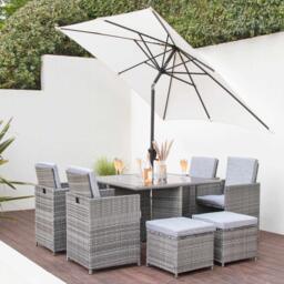 Cube 8 Seater Rattan Outdoor Dining Set with LED Premium Parasol - Grey Weave with Grey Cushion - thumbnail 3
