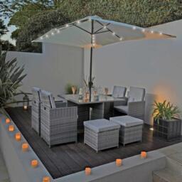 Cube 8 Seater Rattan Outdoor Dining Set with LED Premium Parasol - Grey Weave with Grey Cushion - thumbnail 2