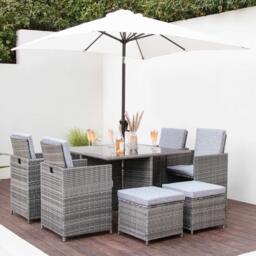 Cube 8 Seater Rattan Outdoor Dining Set with LED Premium Parasol - Grey Weave with Grey Cushion - thumbnail 1