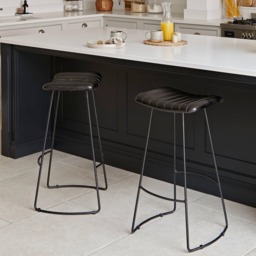 Jayden Black Leather Tall Backless Bar Stools - Set of 2 - Black Metal Legs - thumbnail 2
