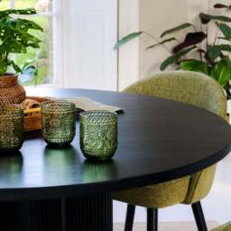 Orla Black Mango Wood Round Dining Table Set - 4 Seater - Marilyn Green Dining Chairs - Black Legs - thumbnail 3