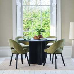 Orla Black Mango Wood Round Dining Table Set - 4 Seater - Marilyn Green Dining Chairs - Black Legs - thumbnail 1
