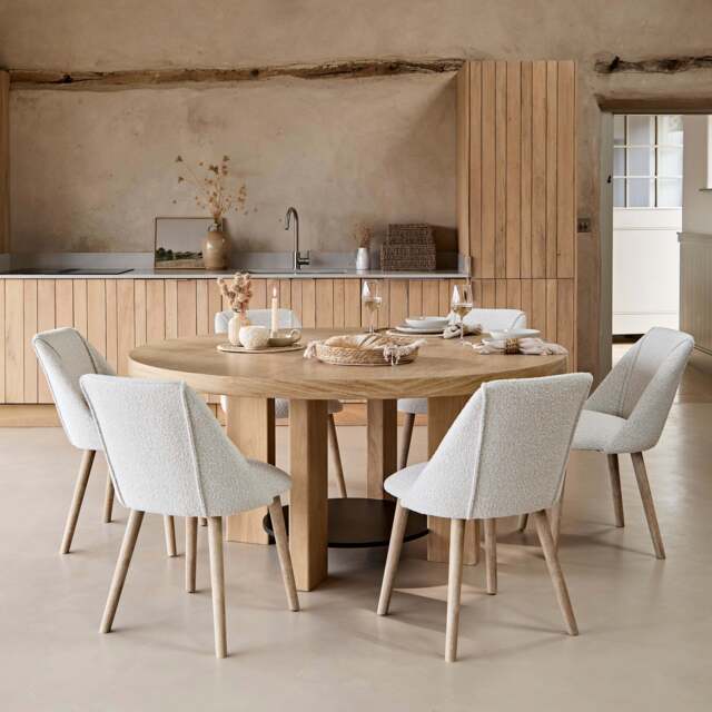 Marlon Whitewash Oak with Black Insert Round Dining Table Set - 6 Seater - Freya Oat Boucle Dining Chairs - image 1