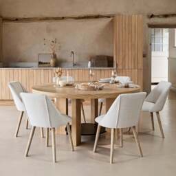 Marlon Whitewash Oak with Black Insert Round Dining Table Set - 6 Seater - Freya Oat Boucle Dining Chairs