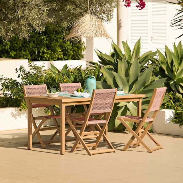 Harlyn 4 Seater Wooden Garden Dining Set with Cove Pink Rope Chairs - 160cm - image 1
