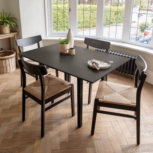 Charlie Black Oak Dining Table Set  - Extendable - 4 Seater - Faye Black Woven Dining Chairs - image 1