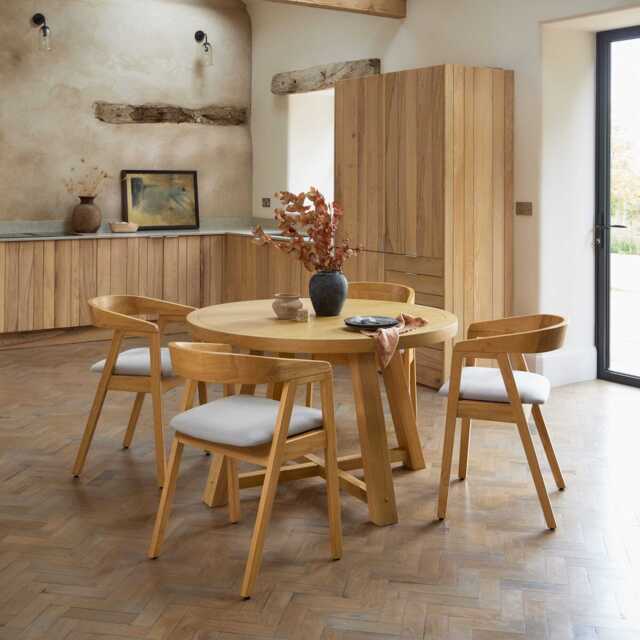 Charlotte Pale Oak Round Dining Table Set - 4 Seater - Ella Pale Oak Carver Chair - Fawn Linen - image 1
