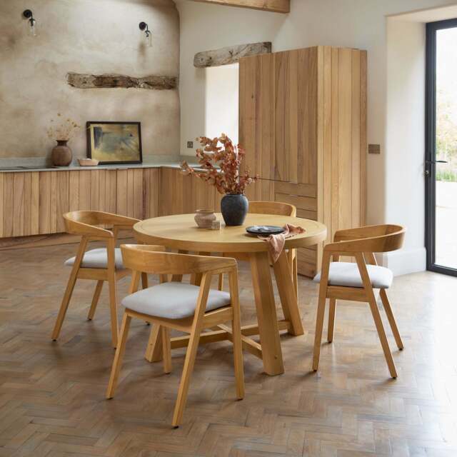 Charlotte Pale Oak Round Dining Table Set - 4 Seater - Ella Pale Oak Carver Chair - Fawn Linen - image 1