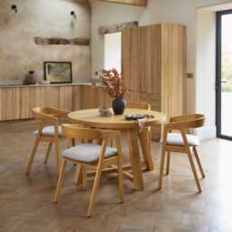 Charlotte Pale Oak Round Dining Table Set - 4 Seater - Ella Pale Oak Carver Chair - Fawn Linen - thumbnail 1