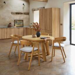 Charlotte Pale Oak Round Dining Table Set - 4 Seater - Ella Pale Oak Carver Chair - Fawn Linen - thumbnail 1