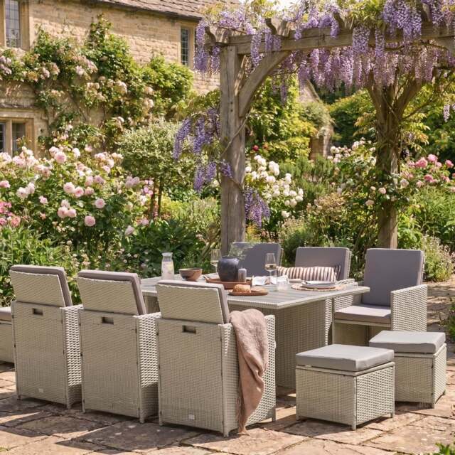 Cube 10 Seater Rattan Garden Dining Set - Light Grey with Polywood Top - image 1