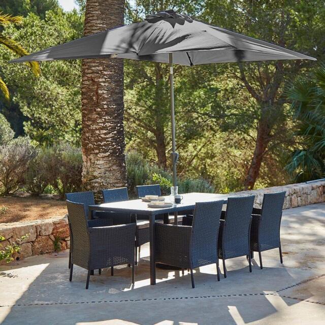 Marston 8 Seater Rattan Garden Dining Set with Grey Parasol - Black - Polywood Top - image 1