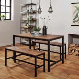 Sheffield Rich Oak Dining Table Set - 4 Seater - 2 Sheffield Benches - Matte Black Legs
