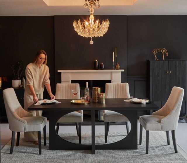Jade Jet Black Rectangular Acacia Dining Table Set - 4 Seater - Nadine Marl Taupe Dining Chairs with Black Legs - image 1