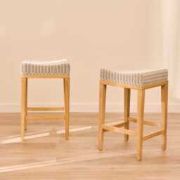 Reid Linen Grey Backless Bar Stools - Set of 2 - Whitewash Mindi Wood Legs - thumbnail 1