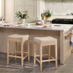 Reid Linen Grey Backless Bar Stools - Set of 2 - Whitewash Mindi Wood Legs