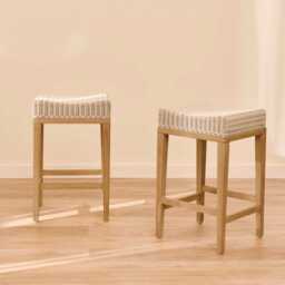 Reid Linen Grey Backless Bar Stools - Set of 2 - Whitewash Mindi Wood Legs