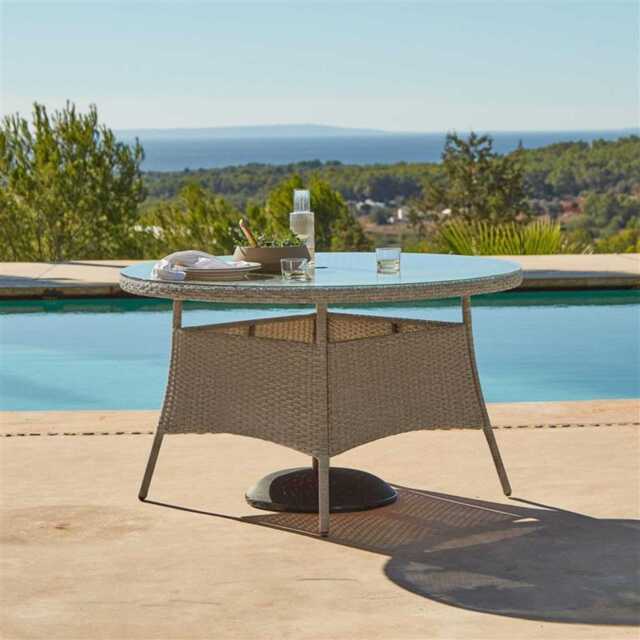 Kemble 6 Seater Round Rattan Garden Dining Table - Light Grey with Clear Glass Top - image 1