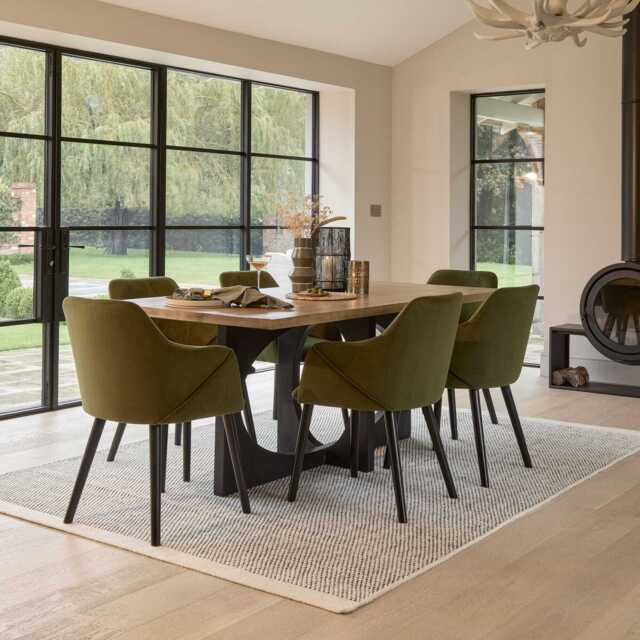 Jade Mango Wood Rectangular Dining Table Set - 6 Seater - Freya Fern Green Armchairs with Black Legs - image 1