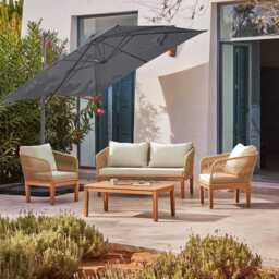 Eaden Rope Garden Conversation Set with Grey LED Premium Cantilever Parasol - Natural